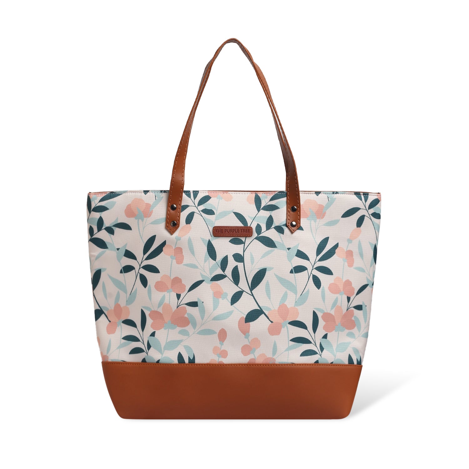 Fashionable tote bag with floral print and leather handle