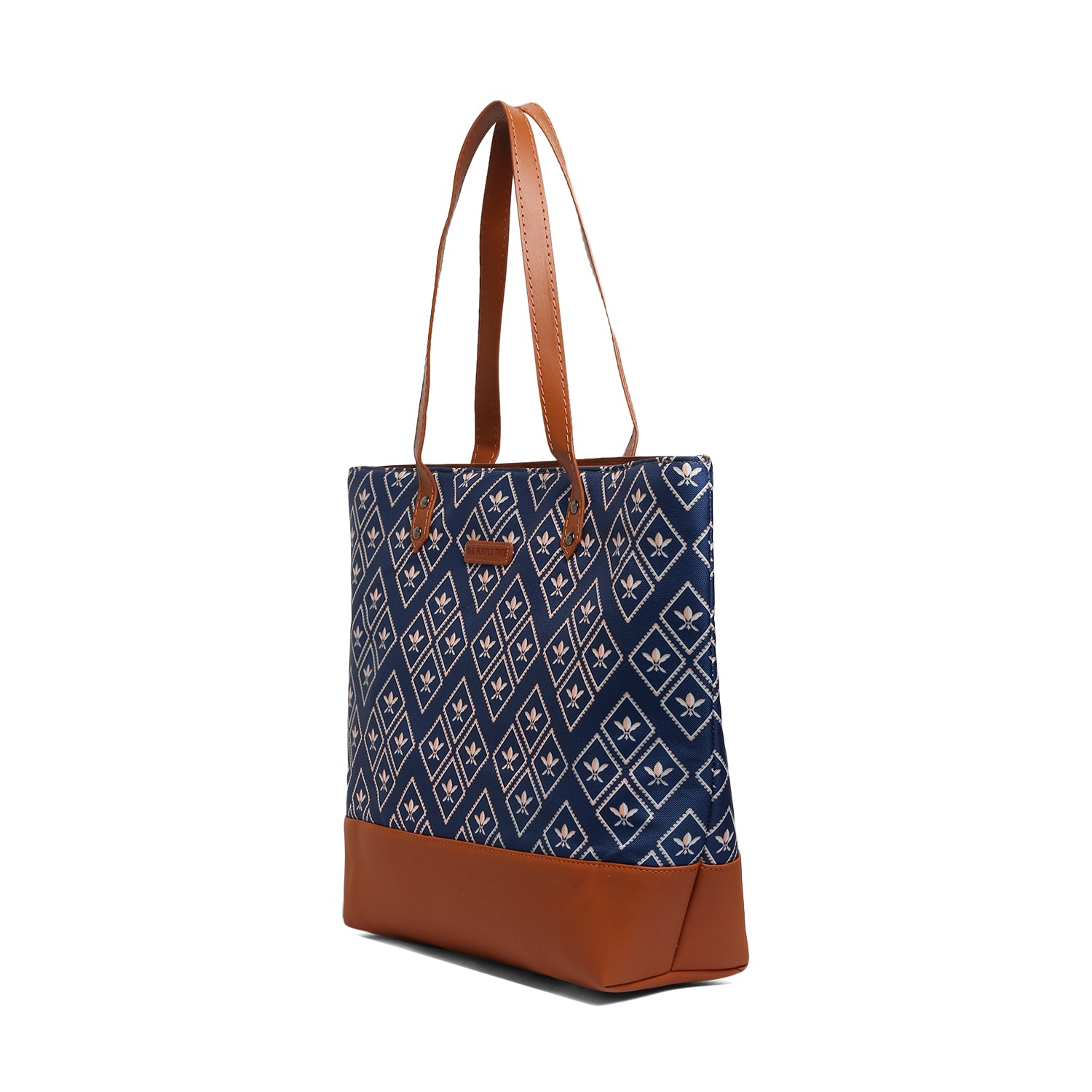 Blue and brown tote bag placed near wooden chair