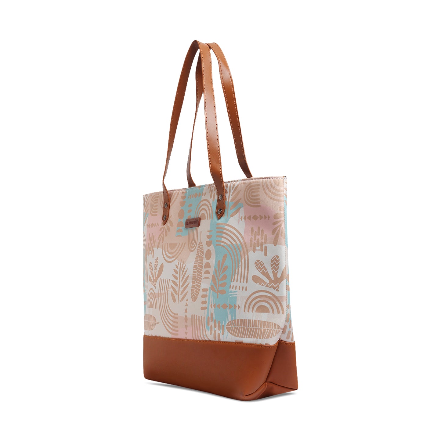 A stylish tote bag with a light blue and pink pattern, perfect for adding a pop of color to any outfit.