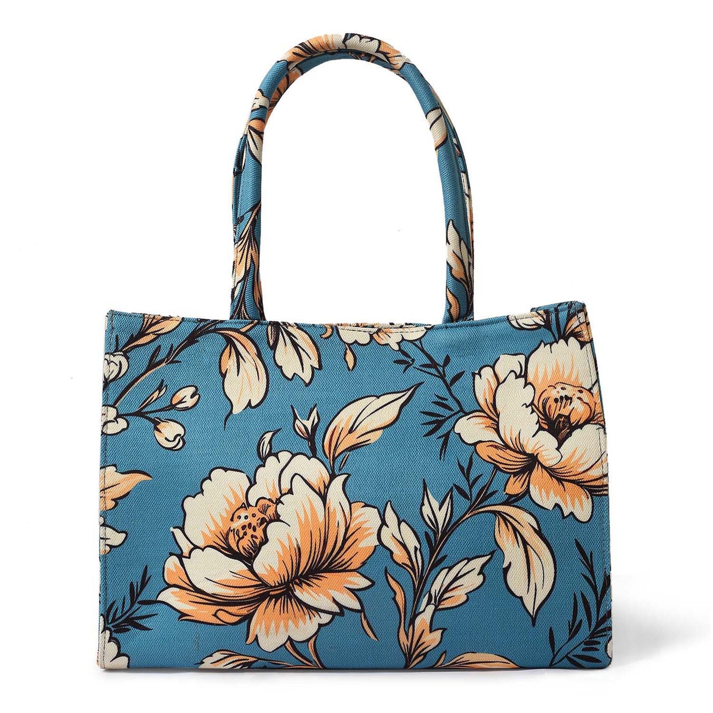 Tote bag adorned with flowers, book, and notebook.