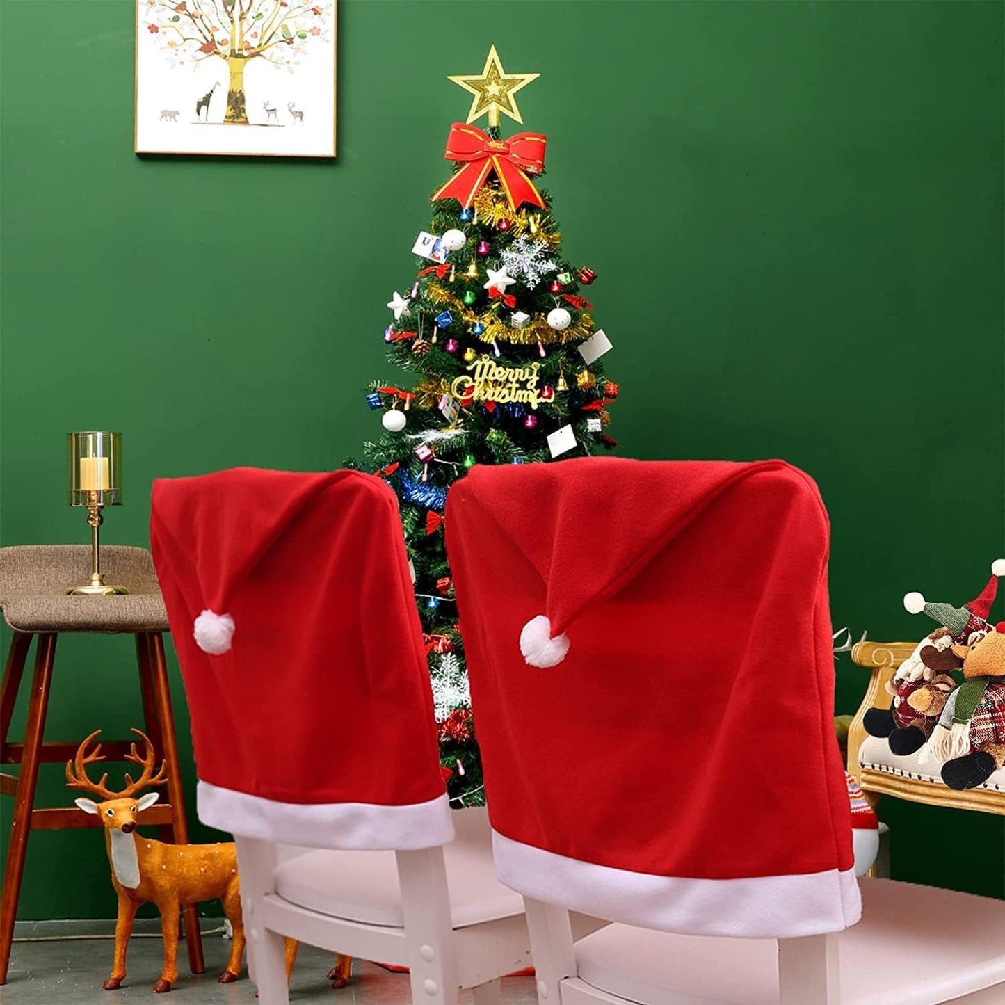 Two Santa hats on chairs, ready for the holiday season. Get into the festive spirit with these iconic symbols of Christmas cheer!