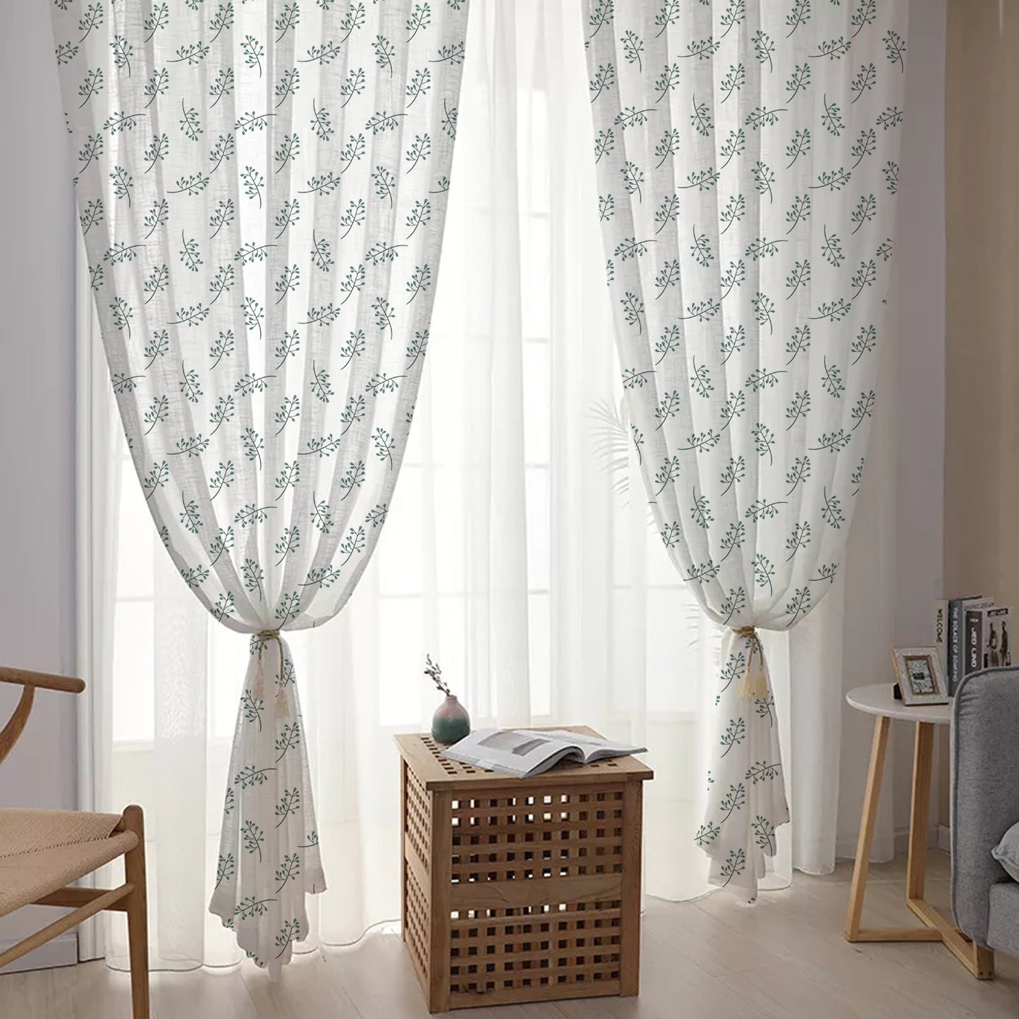 Decorative curtain with green leaves, bringing a touch of nature indoors.