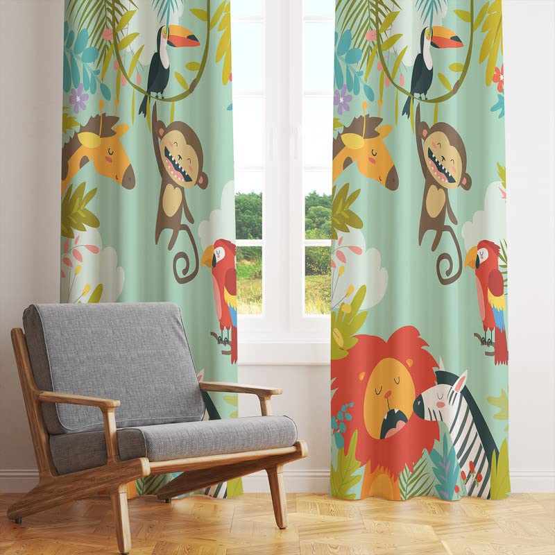 A vibrant curtain with animals and birds, bringing the jungle to life in your room.