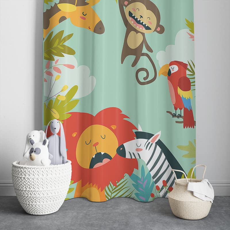 Jungle-inspired curtain adorned with playful animals and vibrant birds, adding a whimsical touch to your decor.