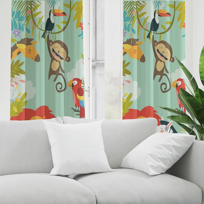  Colorful curtain with a jungle theme, featuring a variety of animals and birds for a fun and lively look.