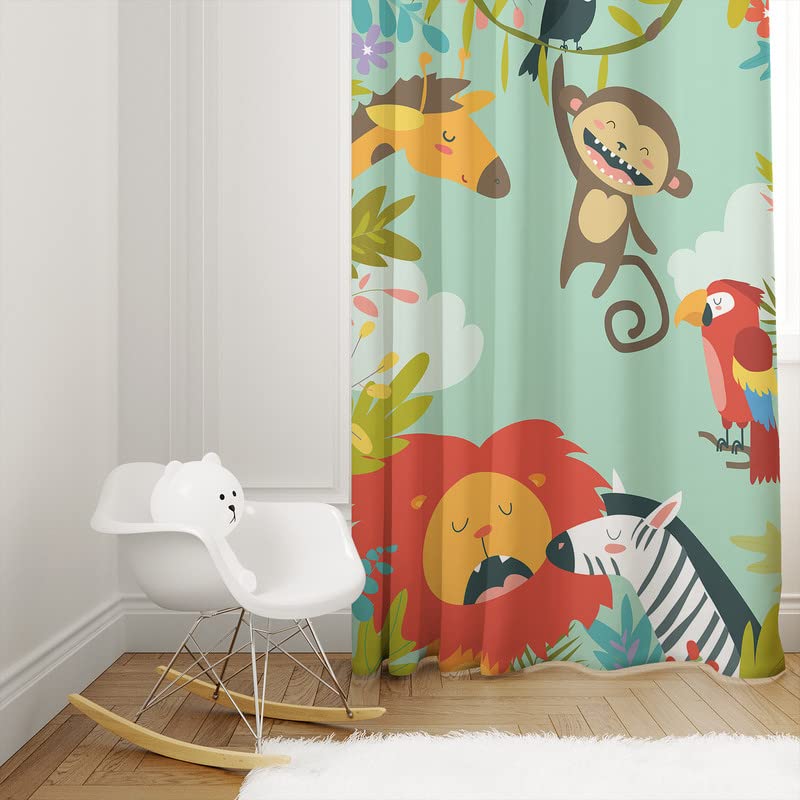 Curtain with a jungle motif, showcasing various animals and birds in a lively and colorful design.