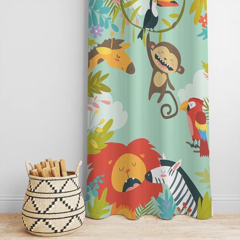 A jungle-themed curtain featuring colorful animals and birds, perfect for adding a touch of nature to any room.