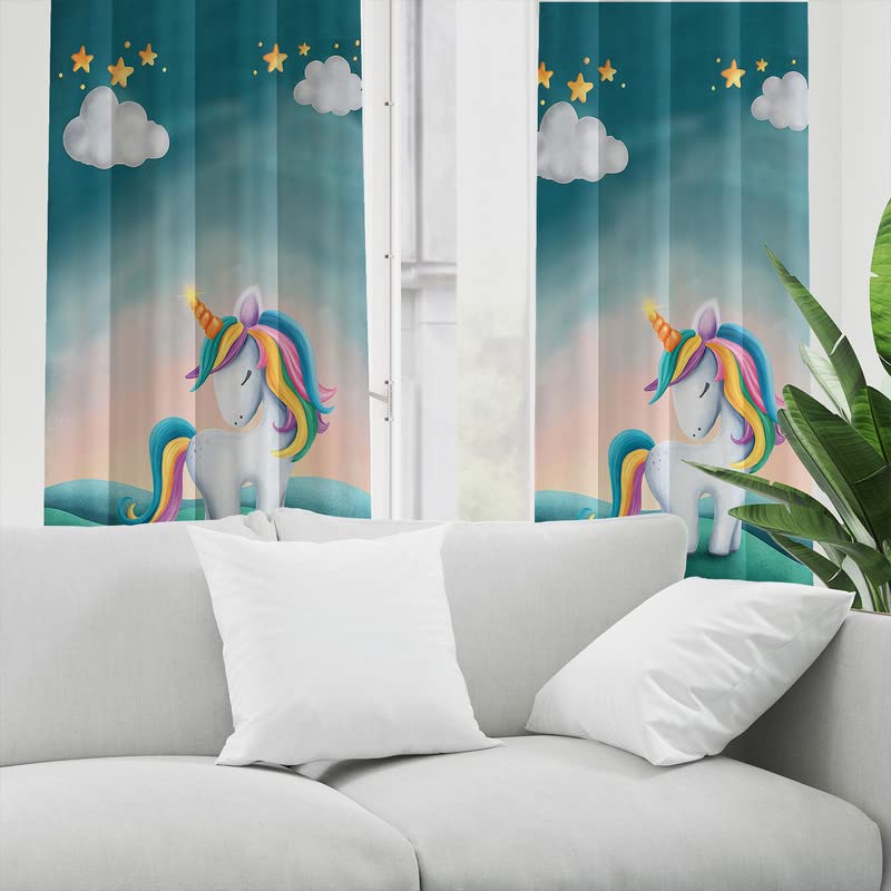  Bright unicorn curtain adorned with stars and clouds, adding a magical flair to your living space.