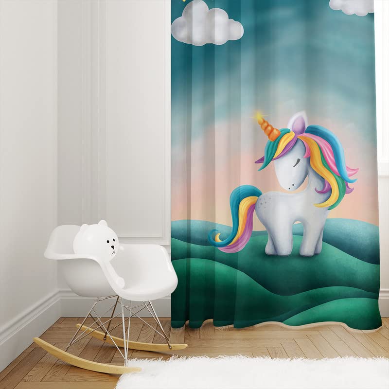 Vibrant unicorn-themed curtain featuring stars and clouds, ideal for creating a whimsical atmosphere.