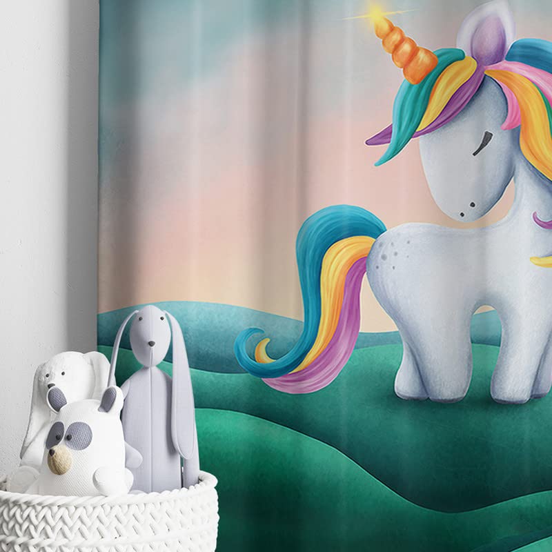 Colorful unicorn curtain with stars and clouds, perfect for adding a magical touch to any room decor.