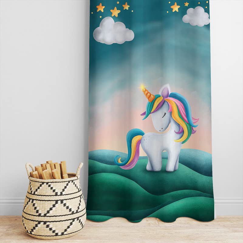 Colorful curtain with unicorn design, stars, and clouds, bringing a touch of fantasy to your home decor.