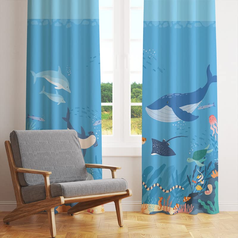 Underwater-themed curtains featuring colorful marine life, coral reefs, and a serene oceanic backdrop.