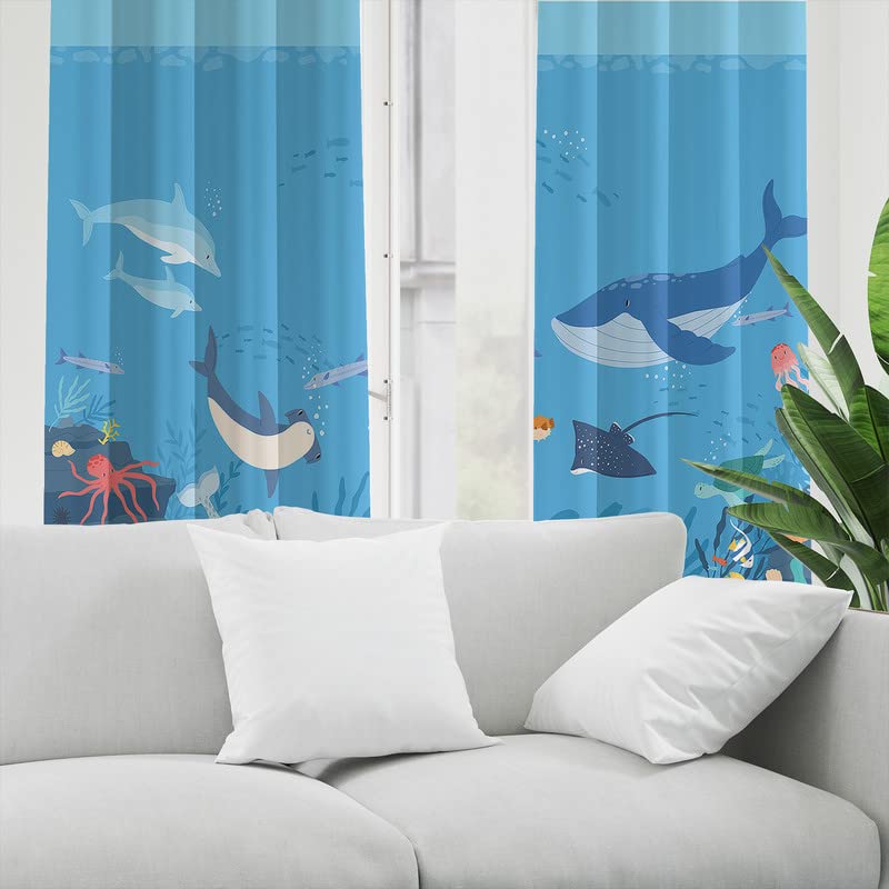 Oceanic curtains featuring fish, coral, and seaweed patterns, perfect for adding a touch of the sea to any room.