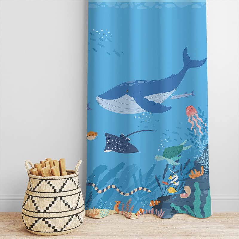 Bright under the sea themed curtains adorned with fish, coral, and seashells to bring the ocean indoors.