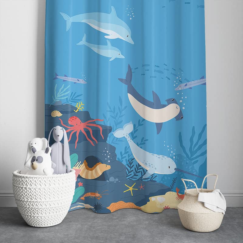 Vibrant curtains featuring an under the sea theme with fish, coral, and seashells for a playful touch.