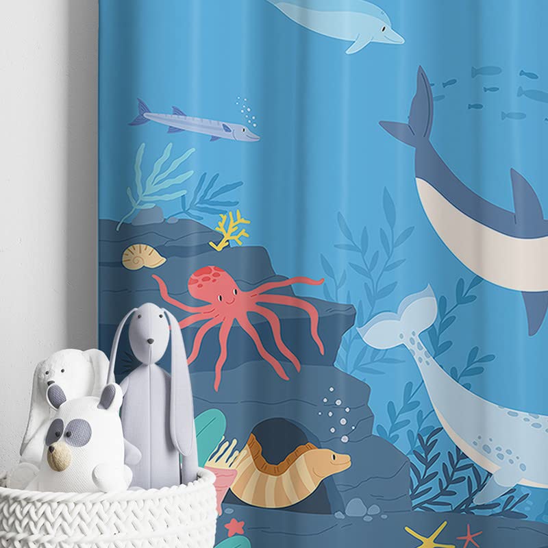 Colorful under the sea themed curtains with fish, coral, and seashells pattern for a fun ocean vibe.