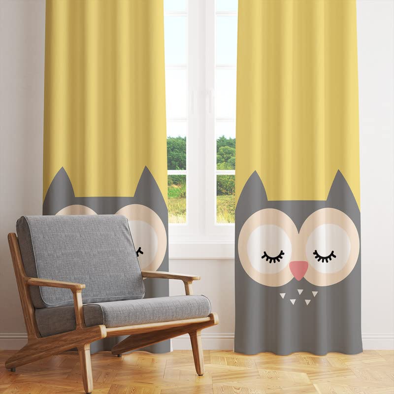 Yellow and gray owl curtain with sleeping face, perfect for a cozy bedroom decor.