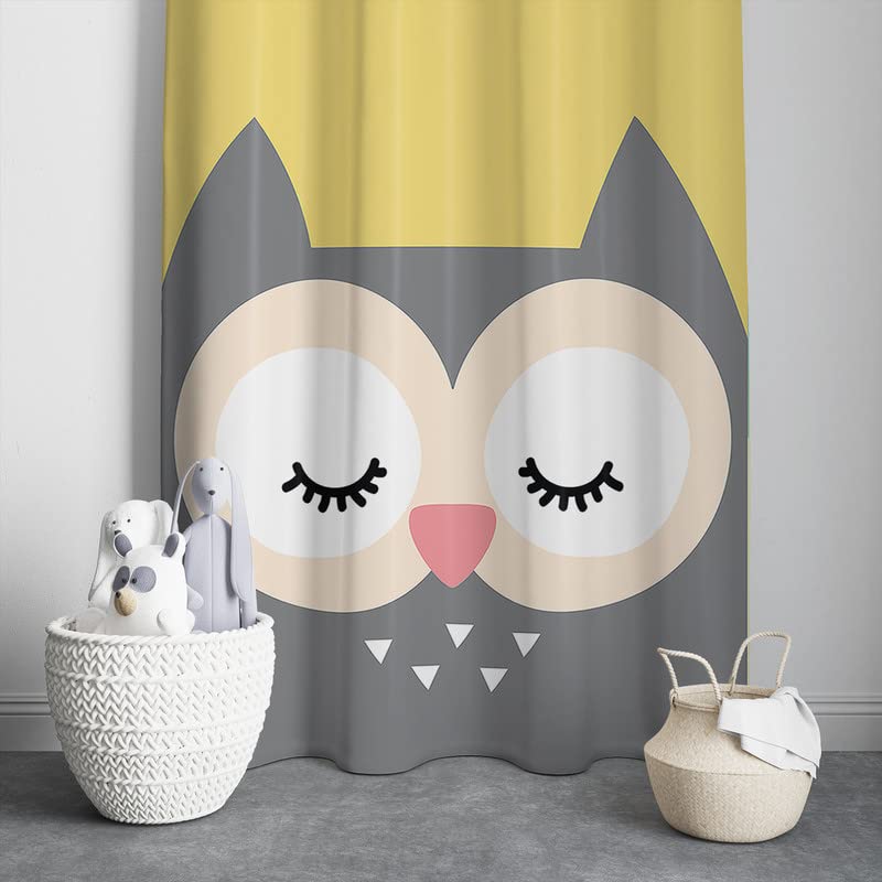 A cute owl curtain with yellow and gray colors, featuring a sleeping face. Perfect for a cozy and whimsical room!