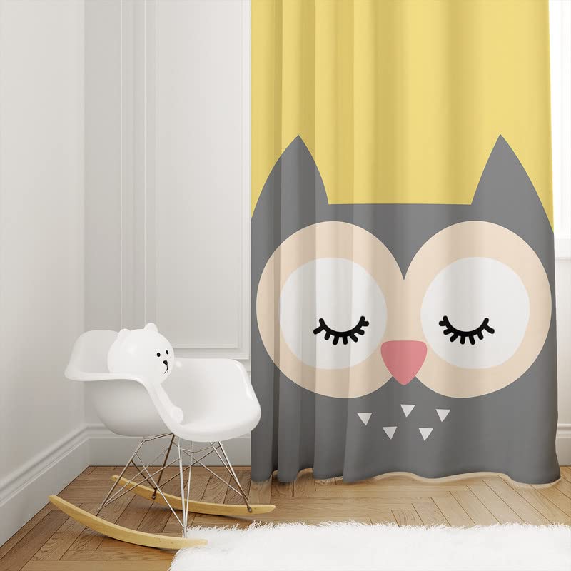 Sleepy owl design on yellow and gray curtain, ideal for a whimsical touch.