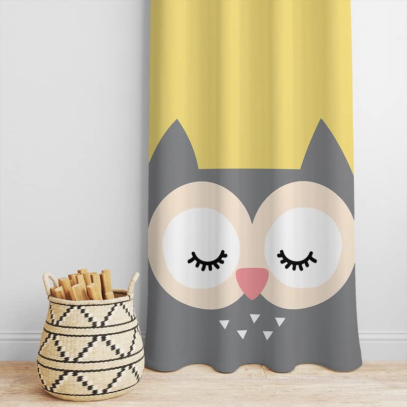 Adorable owl-themed curtain in yellow and gray, adding charm to any room.