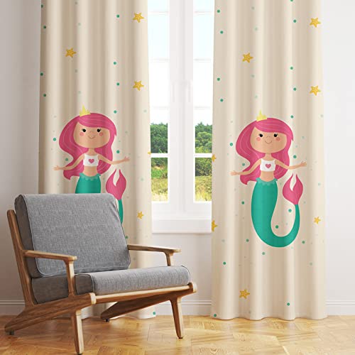 Decorative mermaid curtains with pink hair and star designs, ideal for creating a magical ambiance.