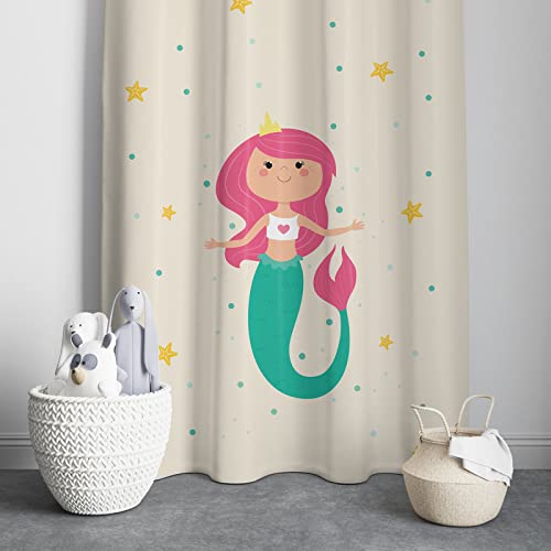 Transform your room with enchanting mermaid curtains showcasing pink hair and stars.