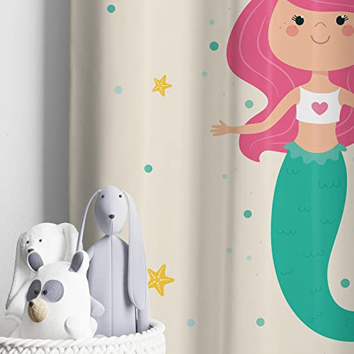 Enhance your space with mermaid curtains adorned with pink hair and star patterns.