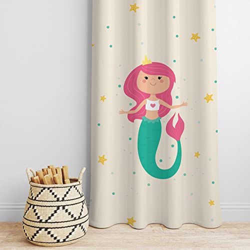 Decorative mermaid curtains with pink hair and star designs, perfect for a magical bedroom.