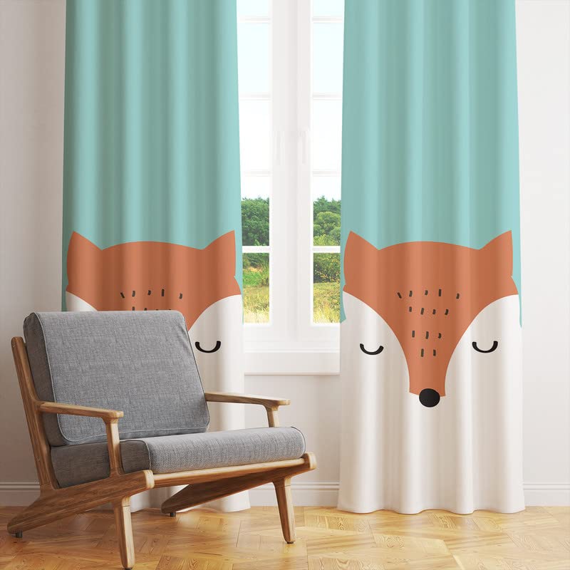  A charming fox curtain hanging next to a basket, adding a touch of whimsy to the room decor.