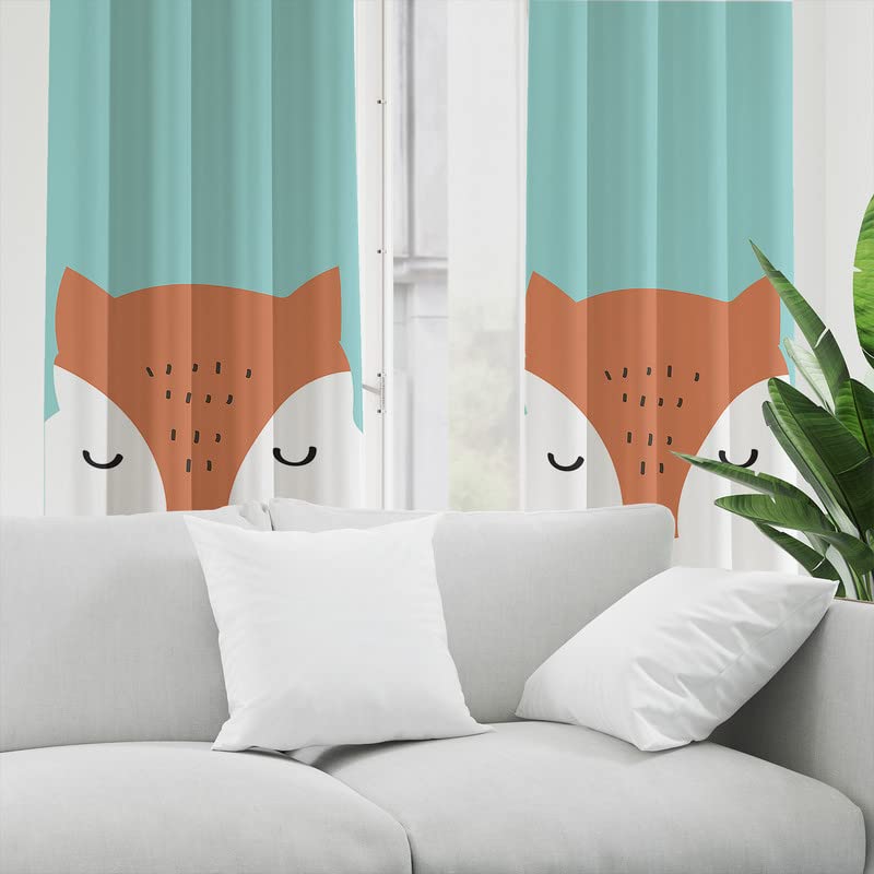 Cute fox curtain draping elegantly beside a basket, enhancing the room's aesthetic appeal.