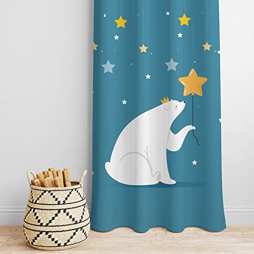 Bear embracing star curtain with gleaming star, capturing charm.