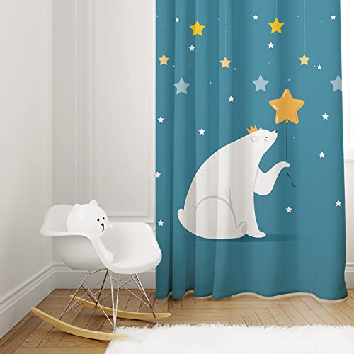 Bear holding star curtain with star, symbolizing magic and wonder.