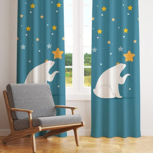 A bear holding a star curtain with a star on it, adding a touch of magic to the scene.