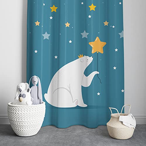 Bear clutching star curtain with twinkling star, evoking whimsy.