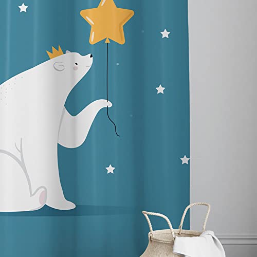 Bear grasping star curtain with shining star, creating enchanting scene.