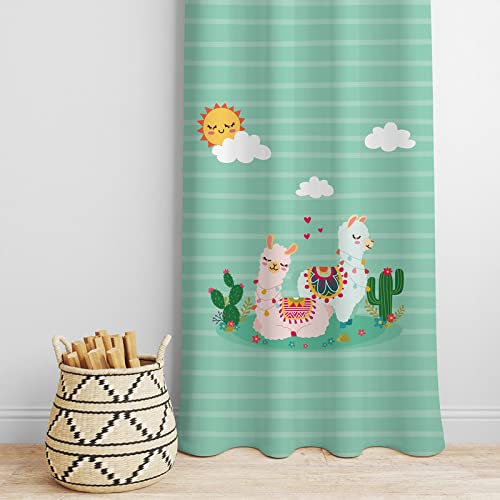 Playful llama and cactus print curtain, bringing a touch of charm and character to your living space.