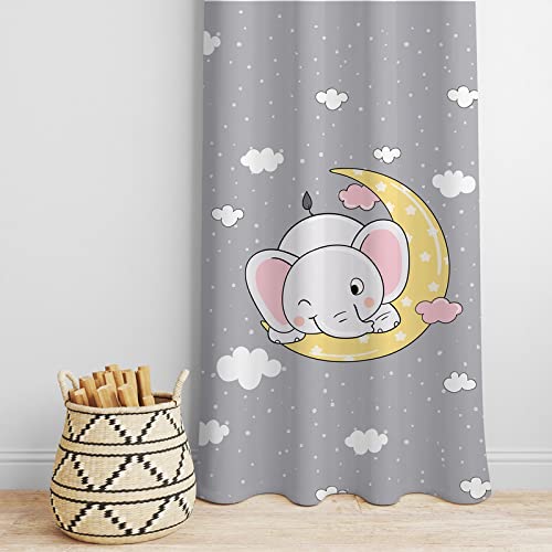 Aww, a baby elephant on a moon curtain, surrounded by fluffy clouds. It's too cute! 🐘🌙☁️