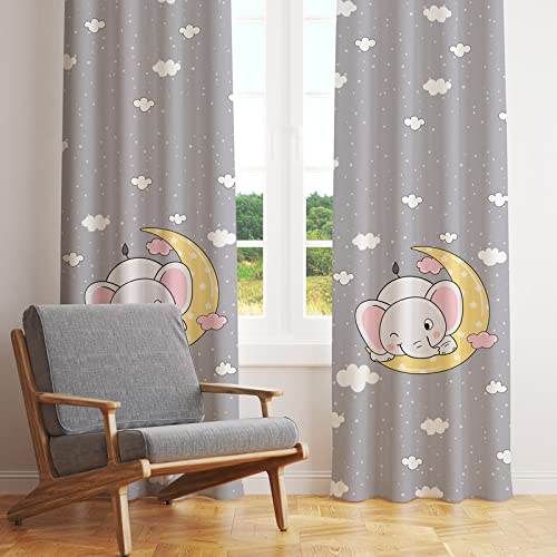 A cute baby elephant on a moon curtain surrounded by fluffy clouds. Adorable and dreamy! 🐘🌙☁️