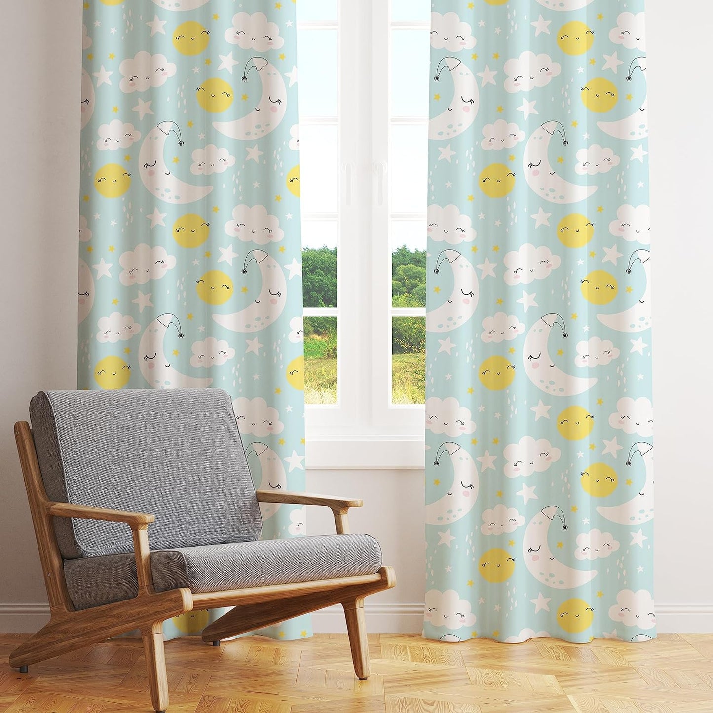  Blue and yellow curtain with cartoon sun, moon, and clouds design.