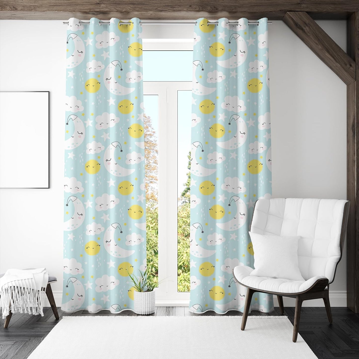  Curtain with cute sun, moon, and clouds in blue and yellow.