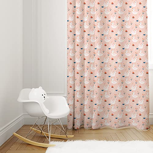 Soft pink curtain adorned with charming white bird designs, bringing a whimsical feel.