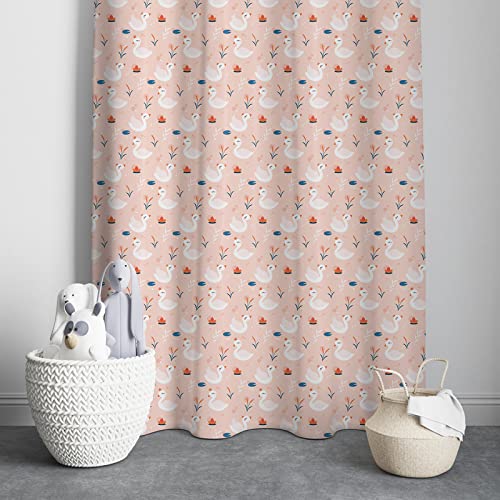  Elegant pink curtain featuring delicate white birds, perfect for a serene ambiance.