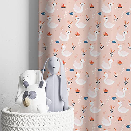 Beautiful pink curtain with white bird motifs, creating a peaceful and stylish look.