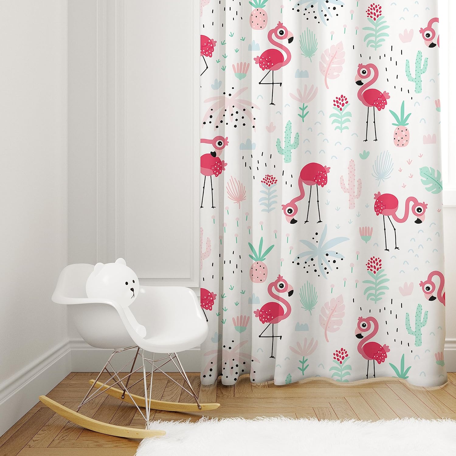 Transform your space with this vibrant curtain showcasing pink flamingos, cacti, and a cute basket.