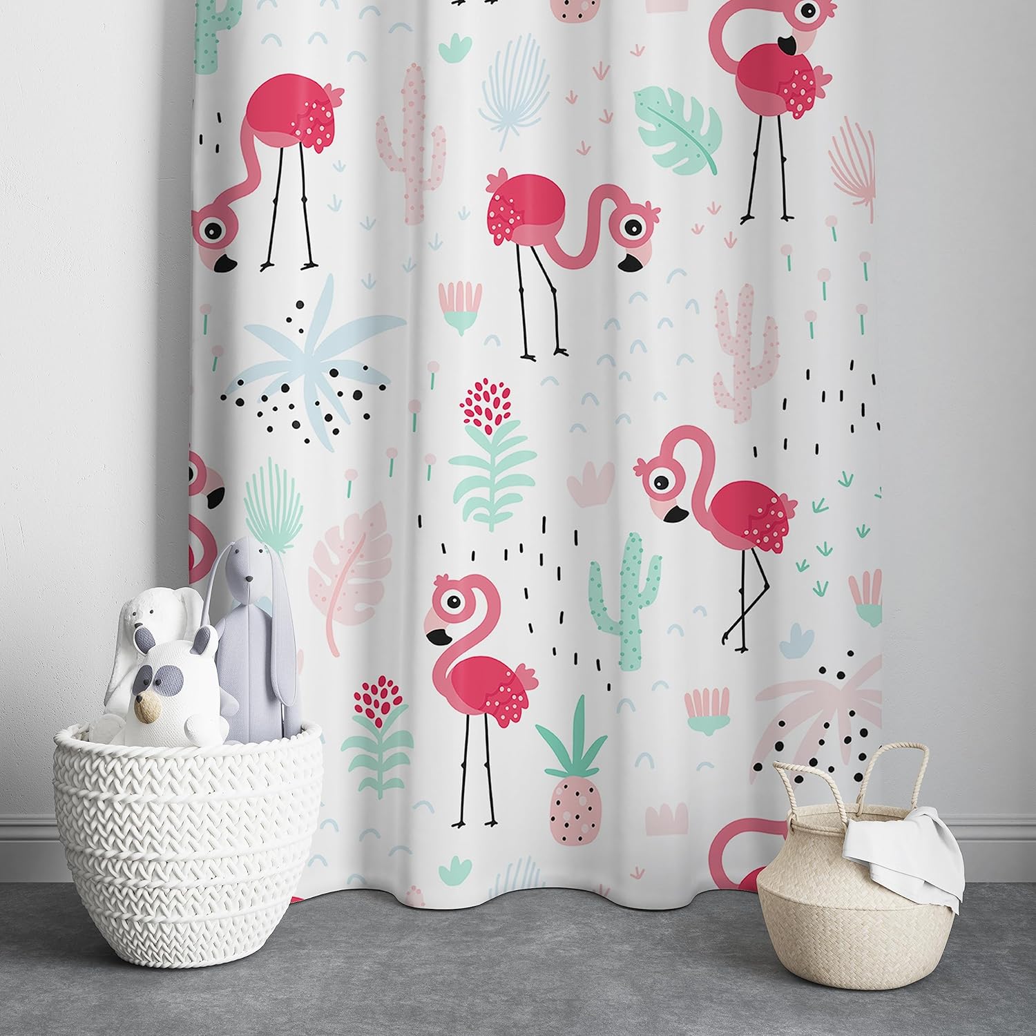 Desert-themed curtain featuring pink flamingos, cacti, and a basket for a fun and quirky look.