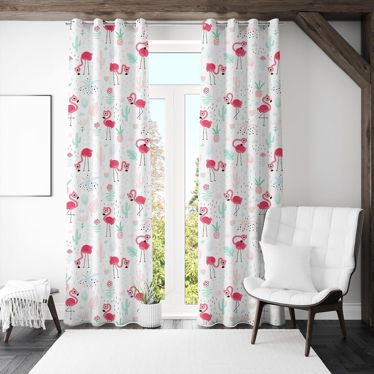 Pink flamingo and cactus print curtain with a basket, adding a touch of desert charm to your space.