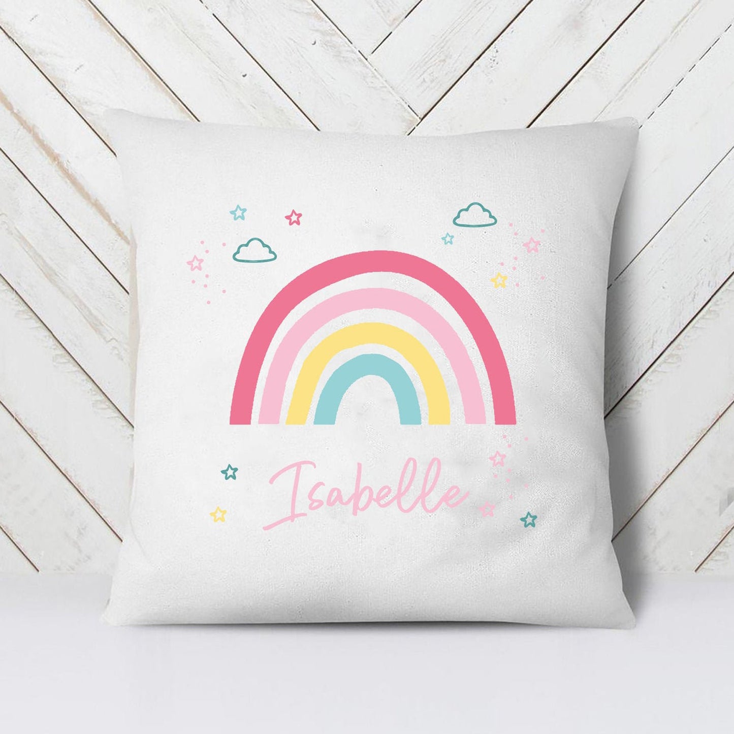 Customized throw pillow with a rainbow pattern, adding a touch of color and personality to your home decor.