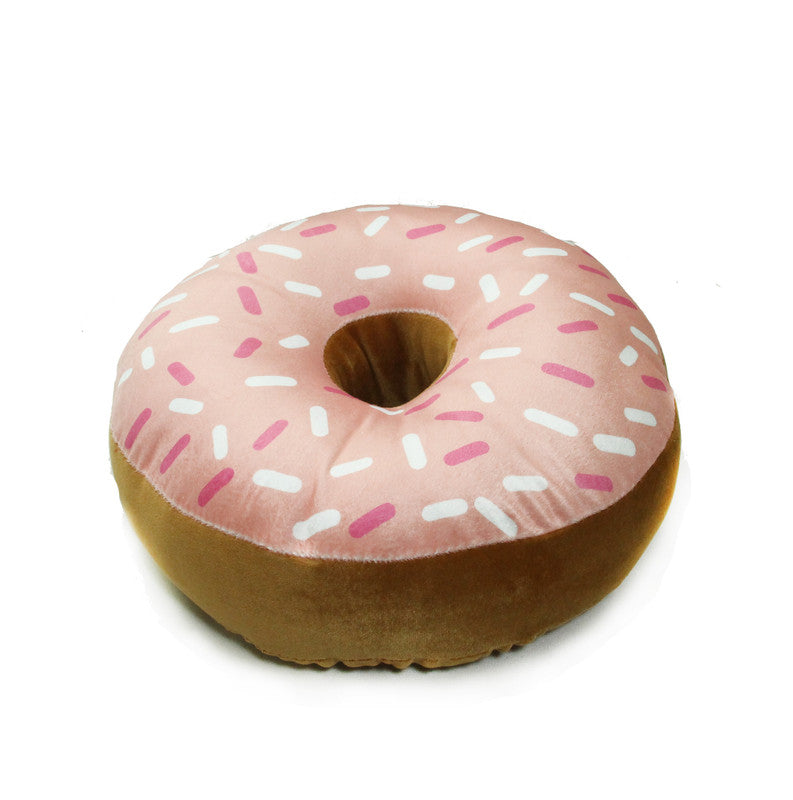 A delicious pink doughnut with colorful sprinkles on top. A sweet treat that's sure to satisfy your cravings!