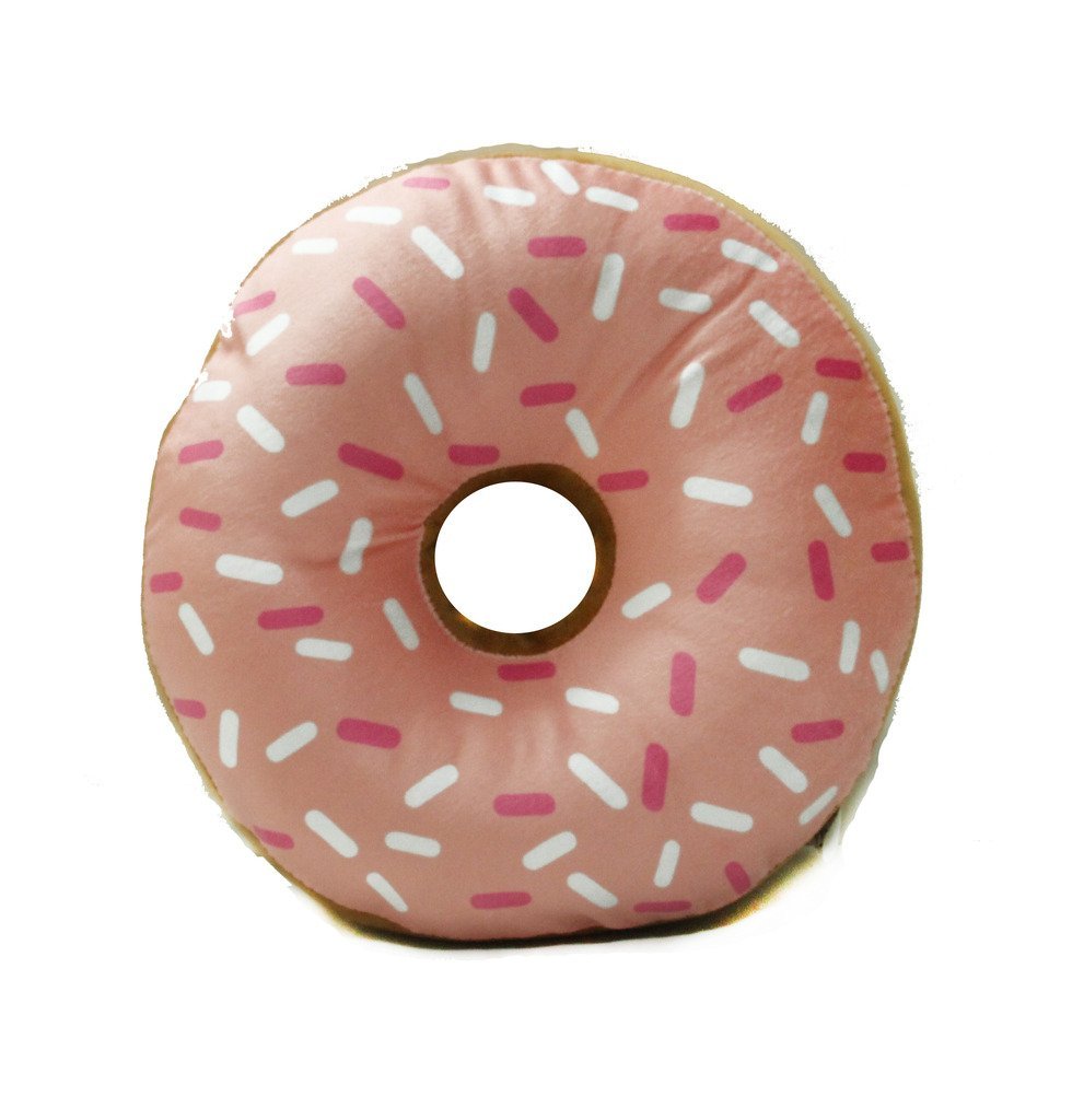 A pink doughnut with colorful sprinkles on top.