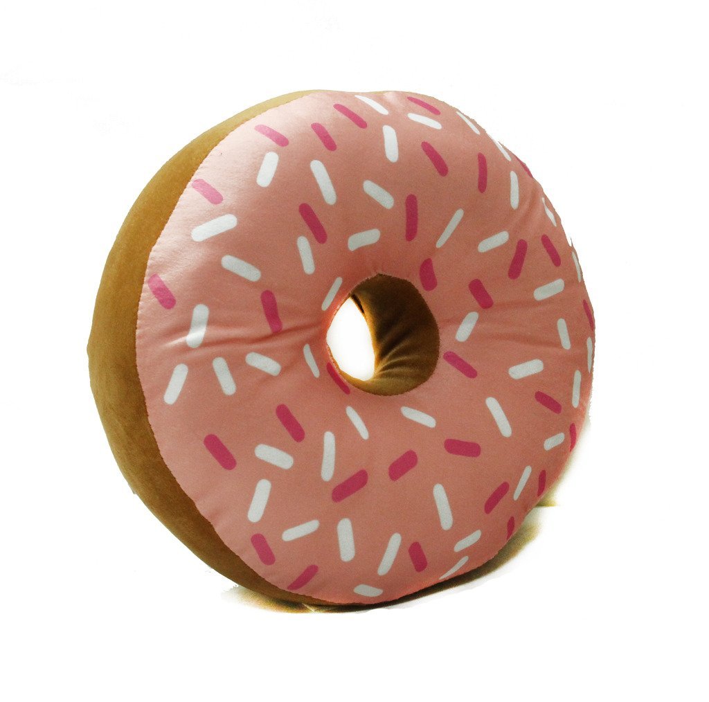 A pink doughnut with colorful sprinkles on top.